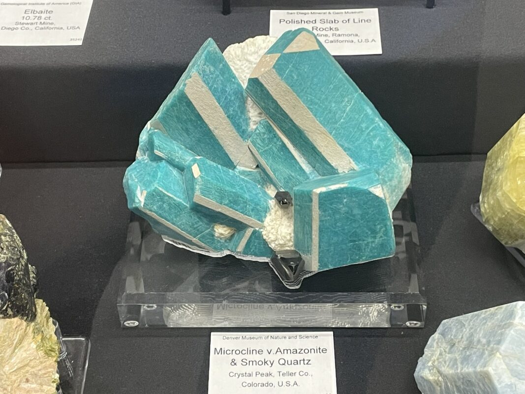 Amazonite feldpsar on display at the Tucson Gem and Mineral Show Amazonite feldpsar on display at the Tucson Gem and Mineral Show
