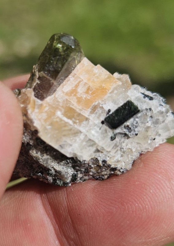 Yates Mine Pretty Fluoroapatite, Diopside on Calcite May 2025 Yates Mine Pretty Fluoroapatite, Diopside on Calcite May 2025